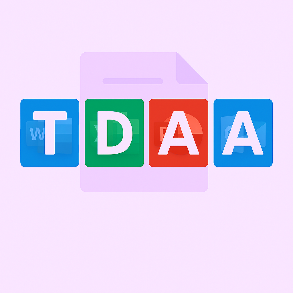 The TDAA logo that features, letter T in a blue box, letter D in a green box, letter A in a orange box and letter A in blue box to represent the Microsoft suite. Purple background with document icon.